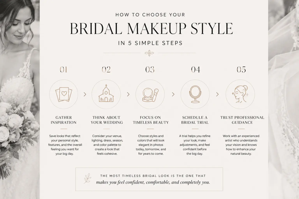 Infographic explaining five essential steps to choosing a timeless bridal makeup style, including gathering inspiration, considering your wedding style, focusing on timeless beauty, scheduling a bridal makeup trial, and working with a professional makeup artist.
