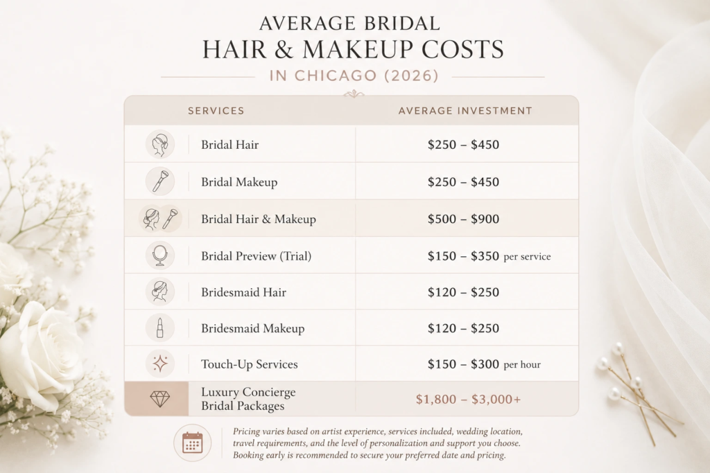 Infographic showing average bridal hair, bridal makeup, bridal party, and luxury bridal package costs in Chicago for 2026-27.